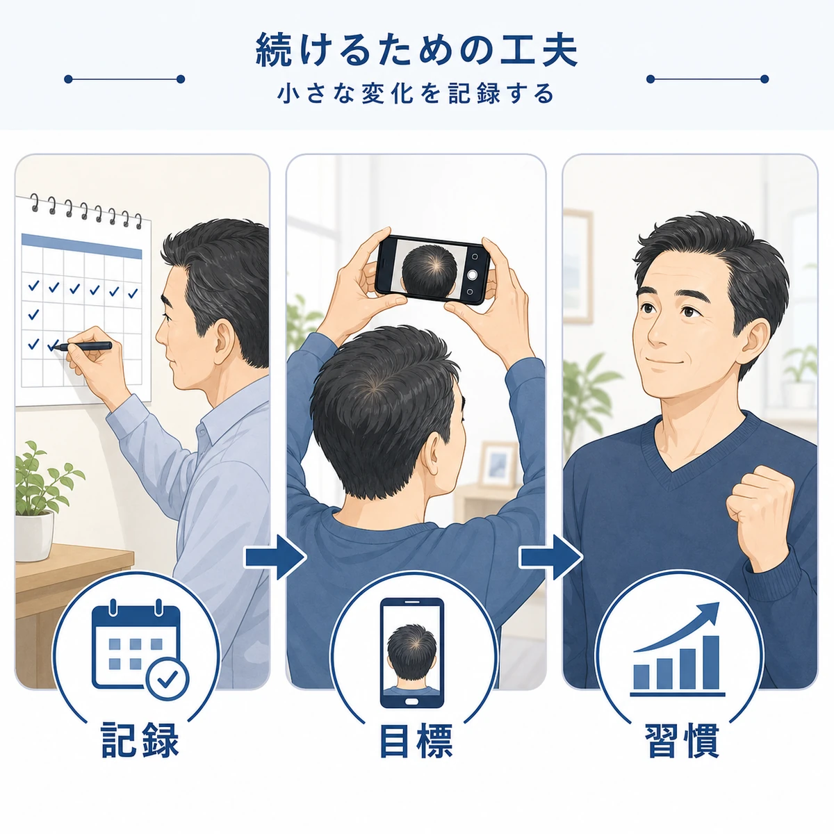 成人男性が記録と目標設定で育毛ケアを前向きに続ける流れを表したイラスト