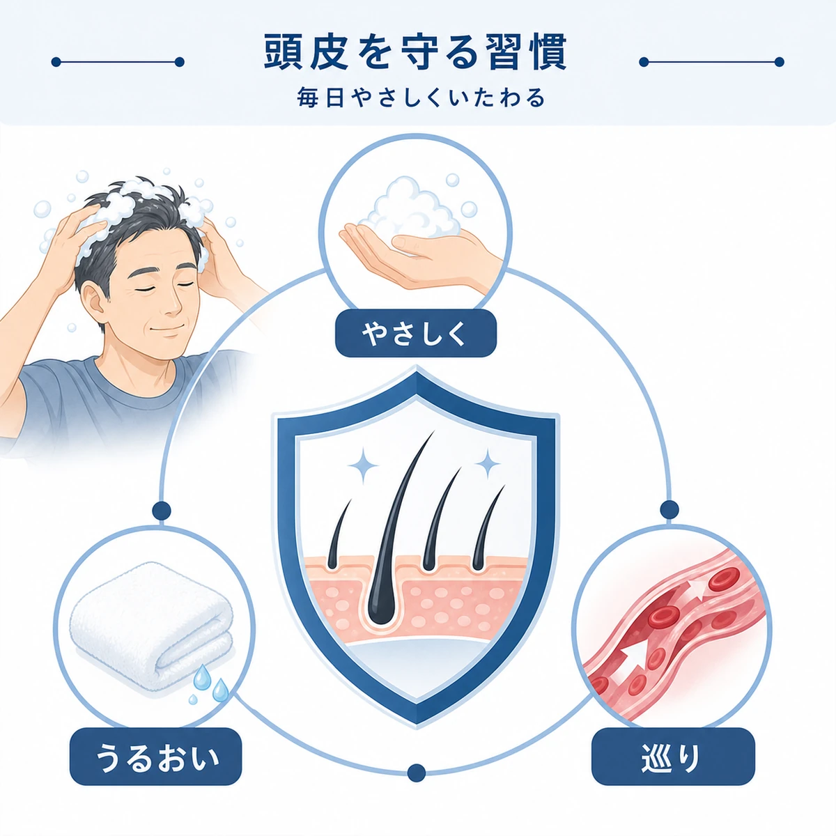 やさしい洗髪と頭皮の血流を守る習慣を盾の図で表した育毛イラスト