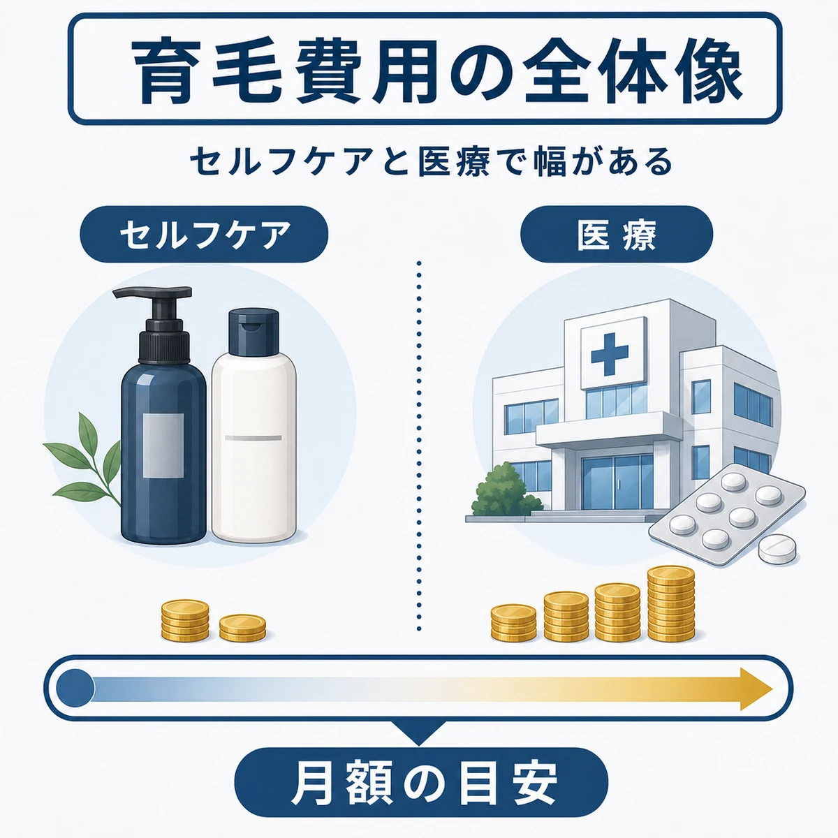 育毛費用がセルフケアと医療で分かれ月額に幅があることを表した医療イラスト