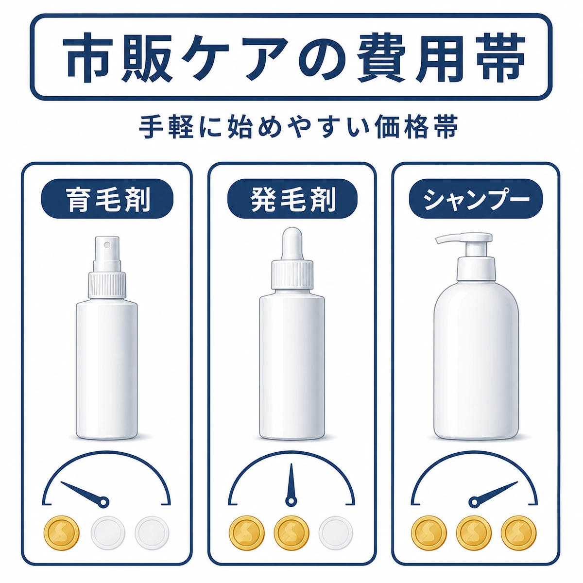 市販の育毛剤と発毛剤とシャンプーの費用帯の違いを表した医療イラスト