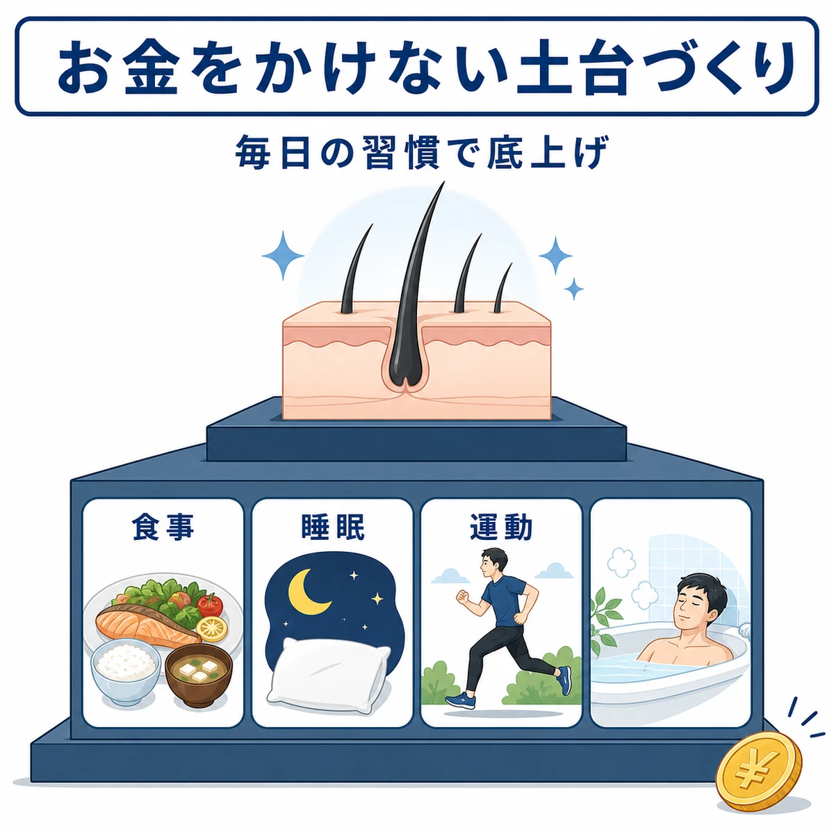 食事や睡眠や運動などの生活習慣が育毛の土台を支えることを表した医療イラスト