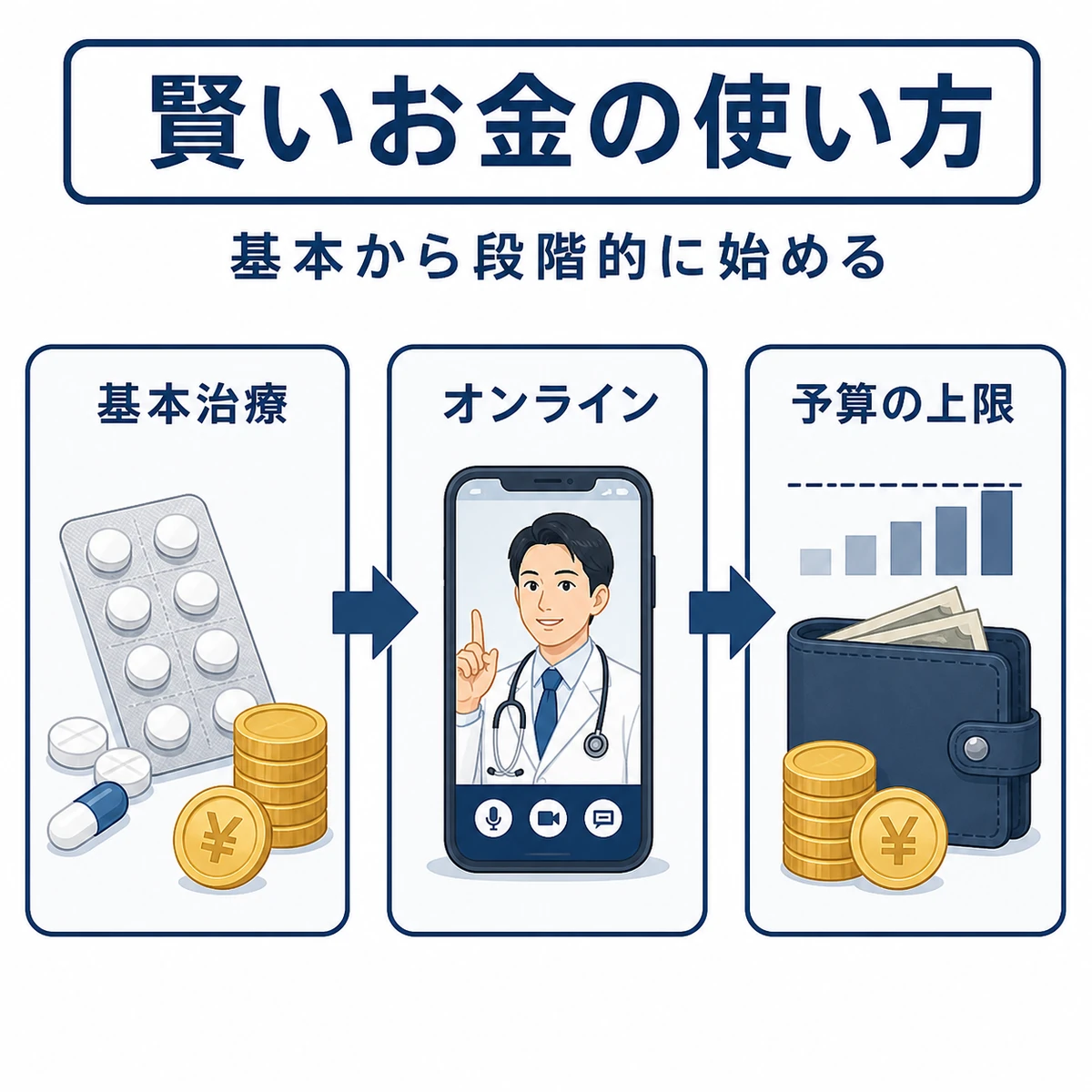 基本治療からオンライン診療と予算設定へ進む賢い費用の使い方の流れを表した医療イラスト
