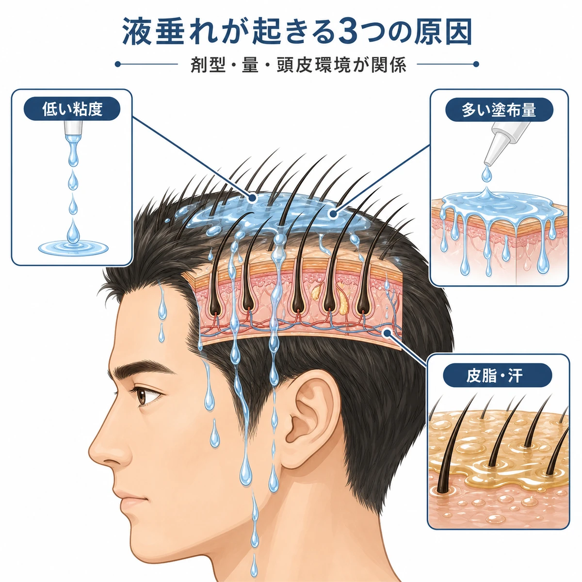 育毛剤の液垂れが起きる3つの原因を頭部の断面で示した医療イラスト