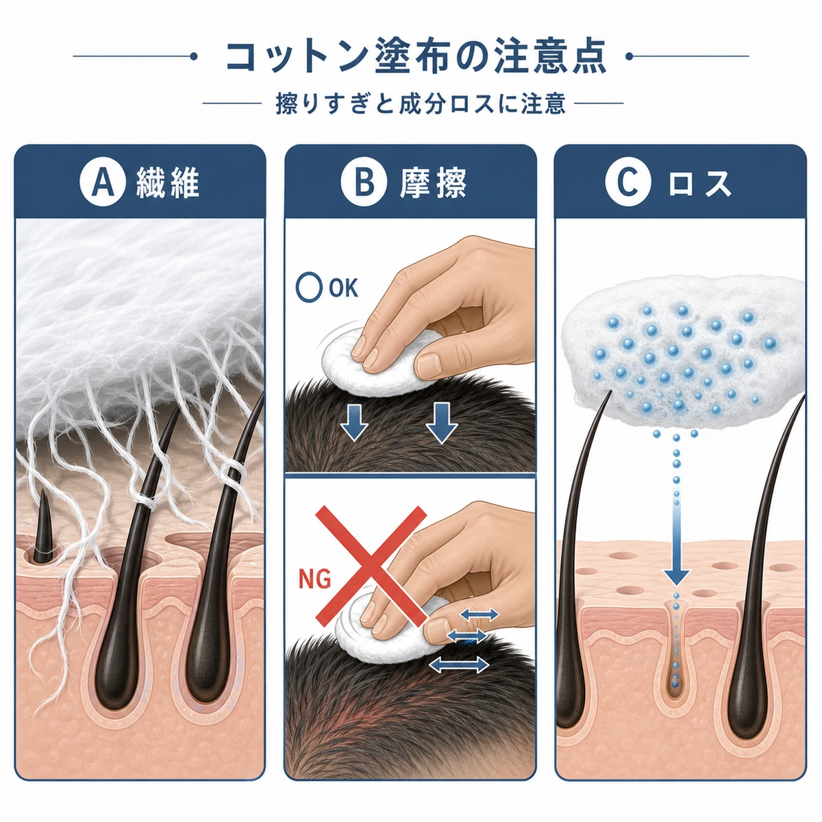コットン塗布で起こりうる繊維残り・擦りすぎ・成分ロスの注意点を並べた医療イラスト