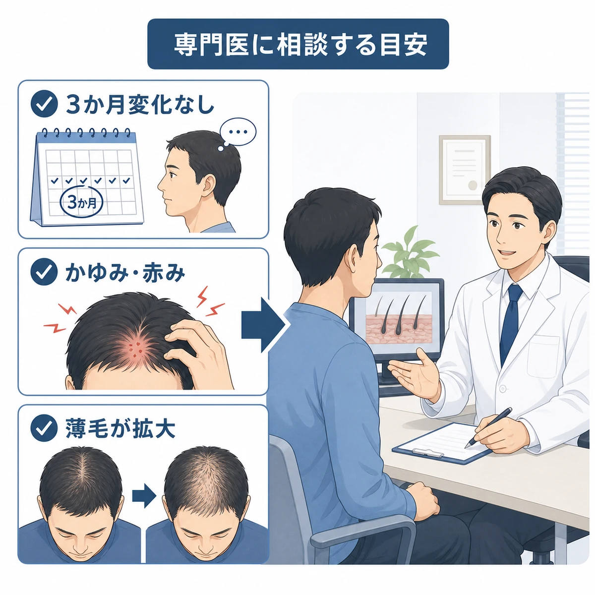 専門医へ相談する目安のサインと医師に相談する男性の様子を示した医療イラスト
