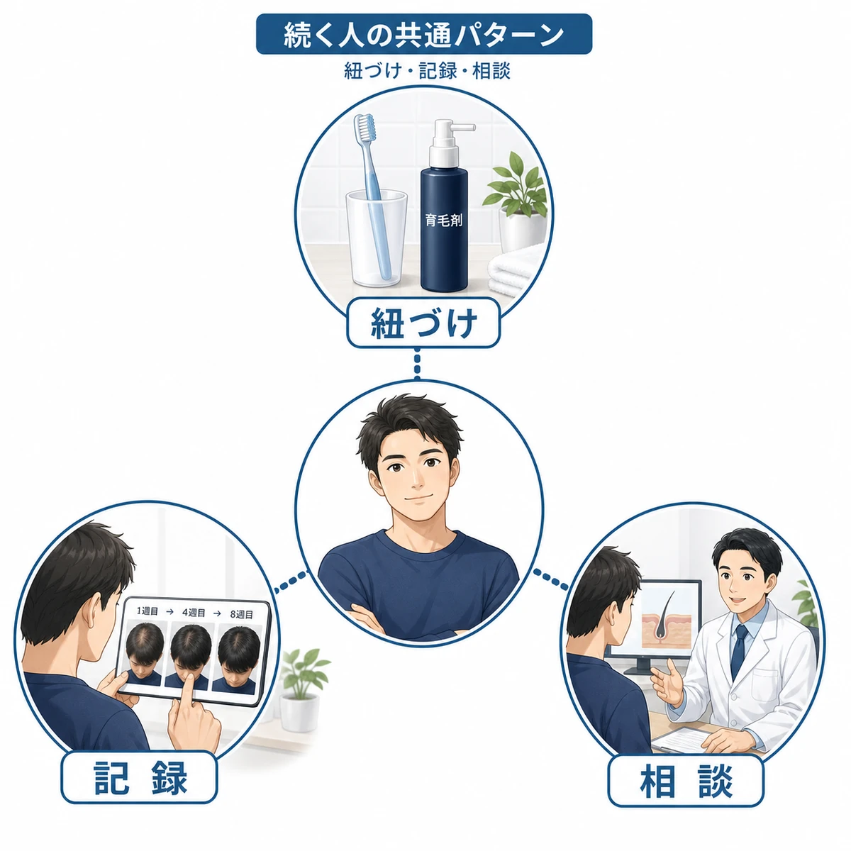 育毛剤の習慣化に成功した人に共通する紐づけと記録と相談の行動を並べた医療イラスト