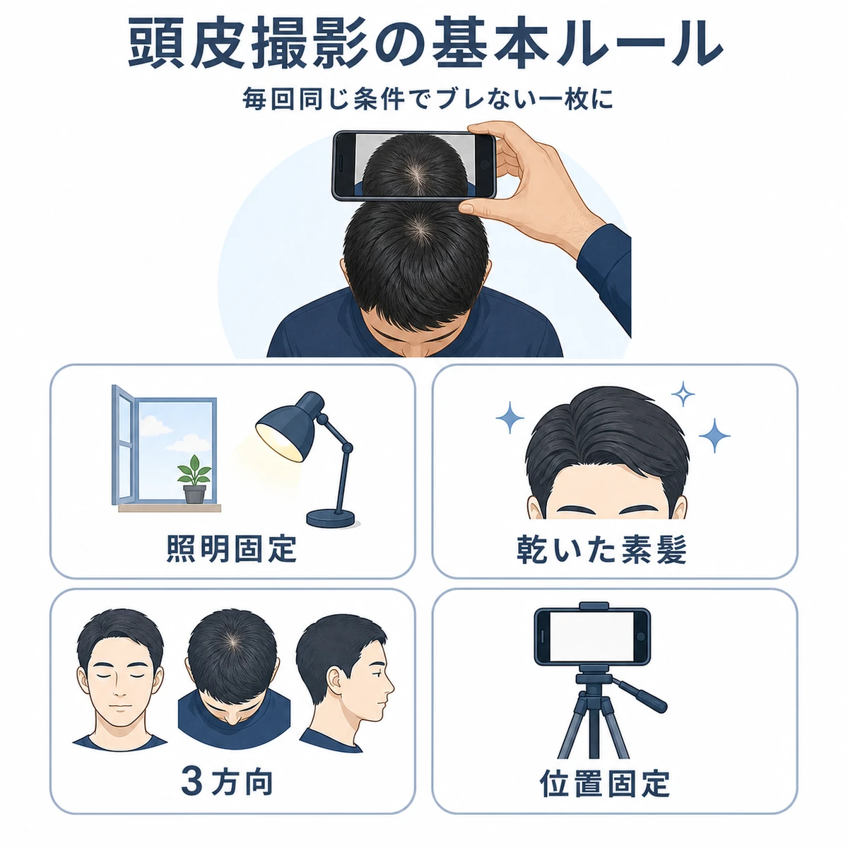 照明や髪の状態など頭皮撮影の基本条件をアイコンで並べた医療イラスト