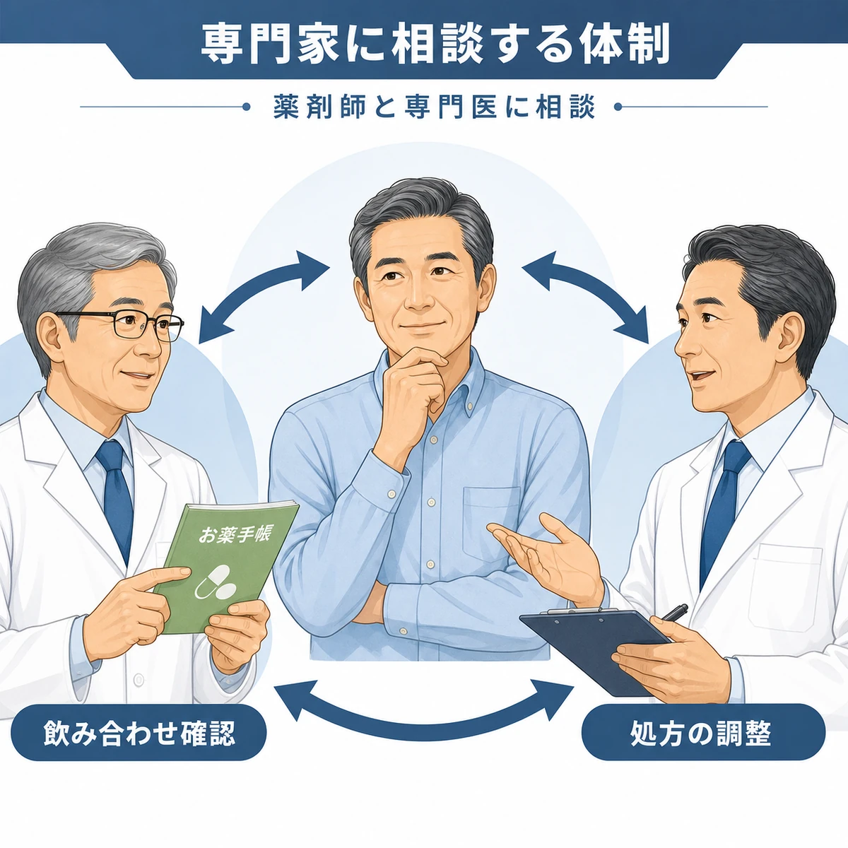 患者が薬剤師とAGA専門医に飲み合わせを相談する関係を表した医療イラスト