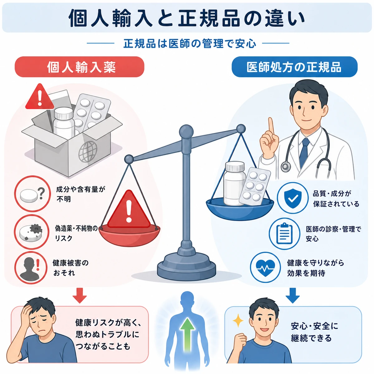 個人輸入薬と医師処方の正規品の安全性を天秤で対比した医療イラスト