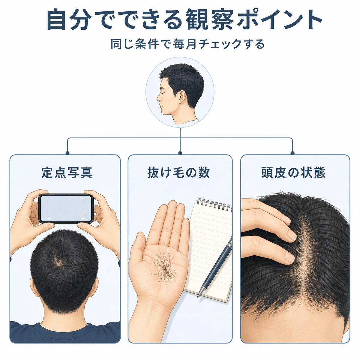 定点写真と抜け毛の数と頭皮の状態という3つのセルフチェックの着眼点を表した医療イラスト