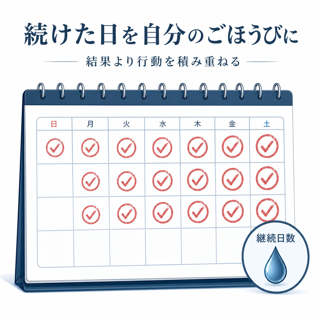 続けた日数をカレンダーのスタンプで積み重ねてモチベーションを保つ工夫を表した医療イラスト