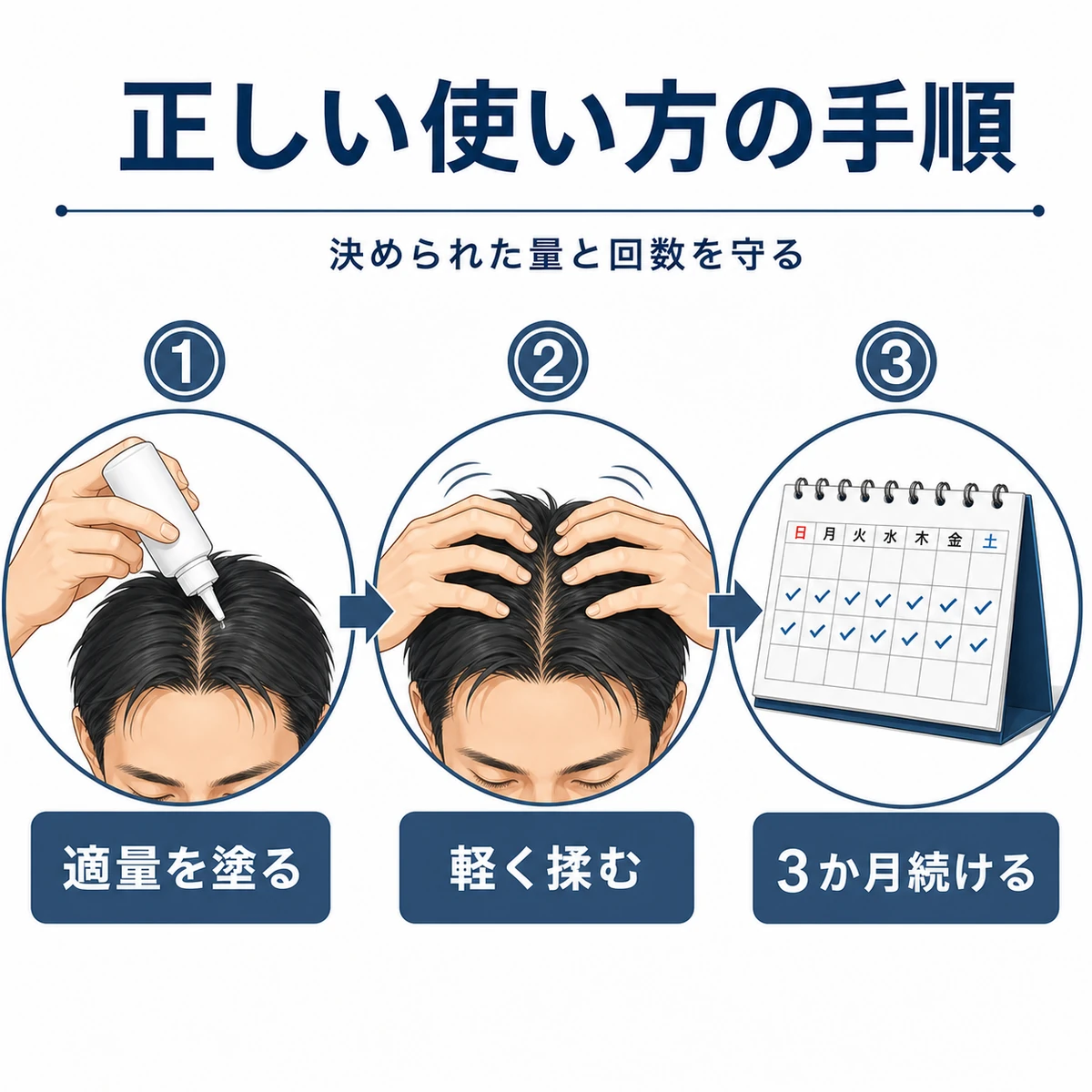 適量を塗りマッサージし継続するという育毛剤の正しい使い方の手順を表した医療イラスト
