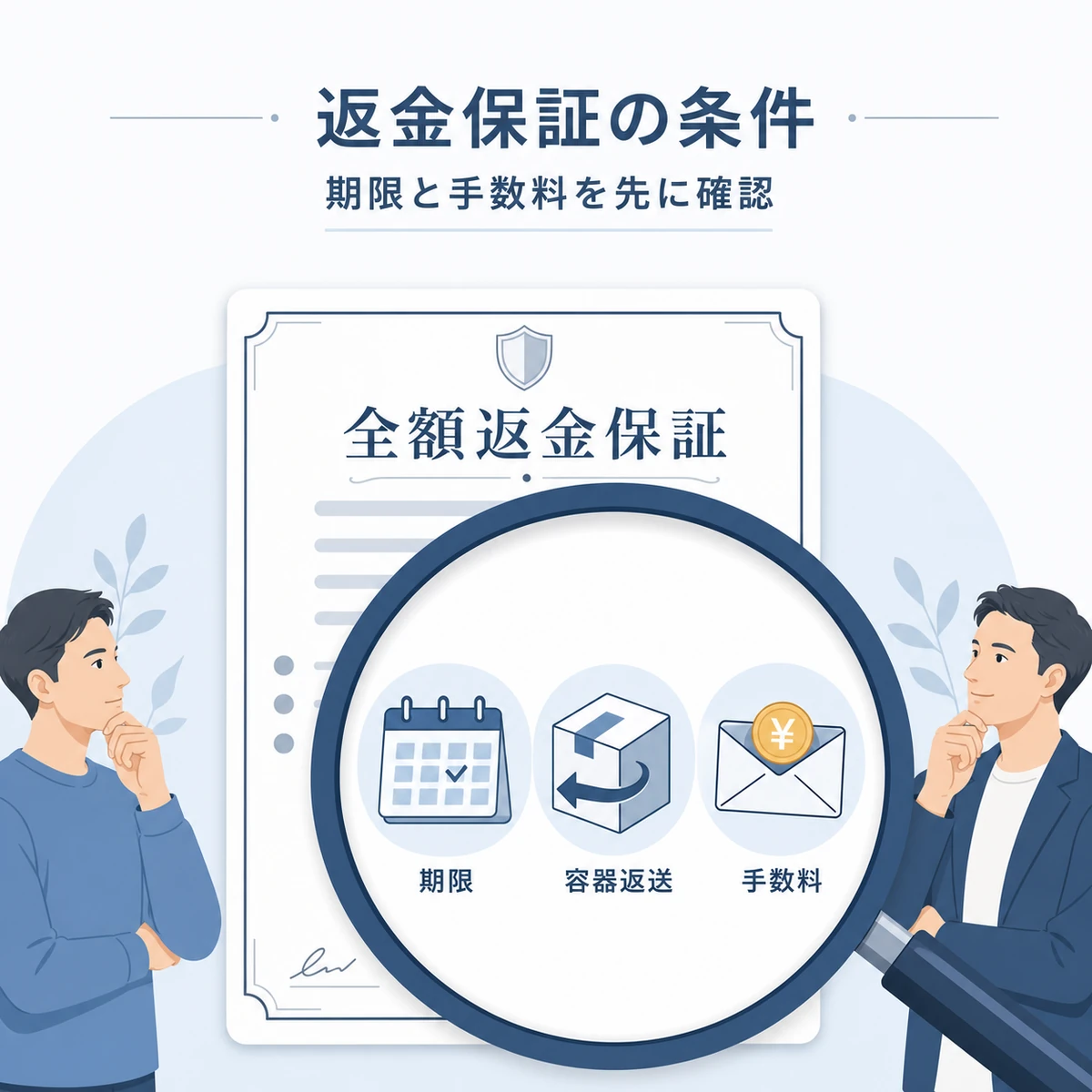 全額返金保証の細かな適用条件を虫眼鏡で確かめる様子を表した医療イラスト