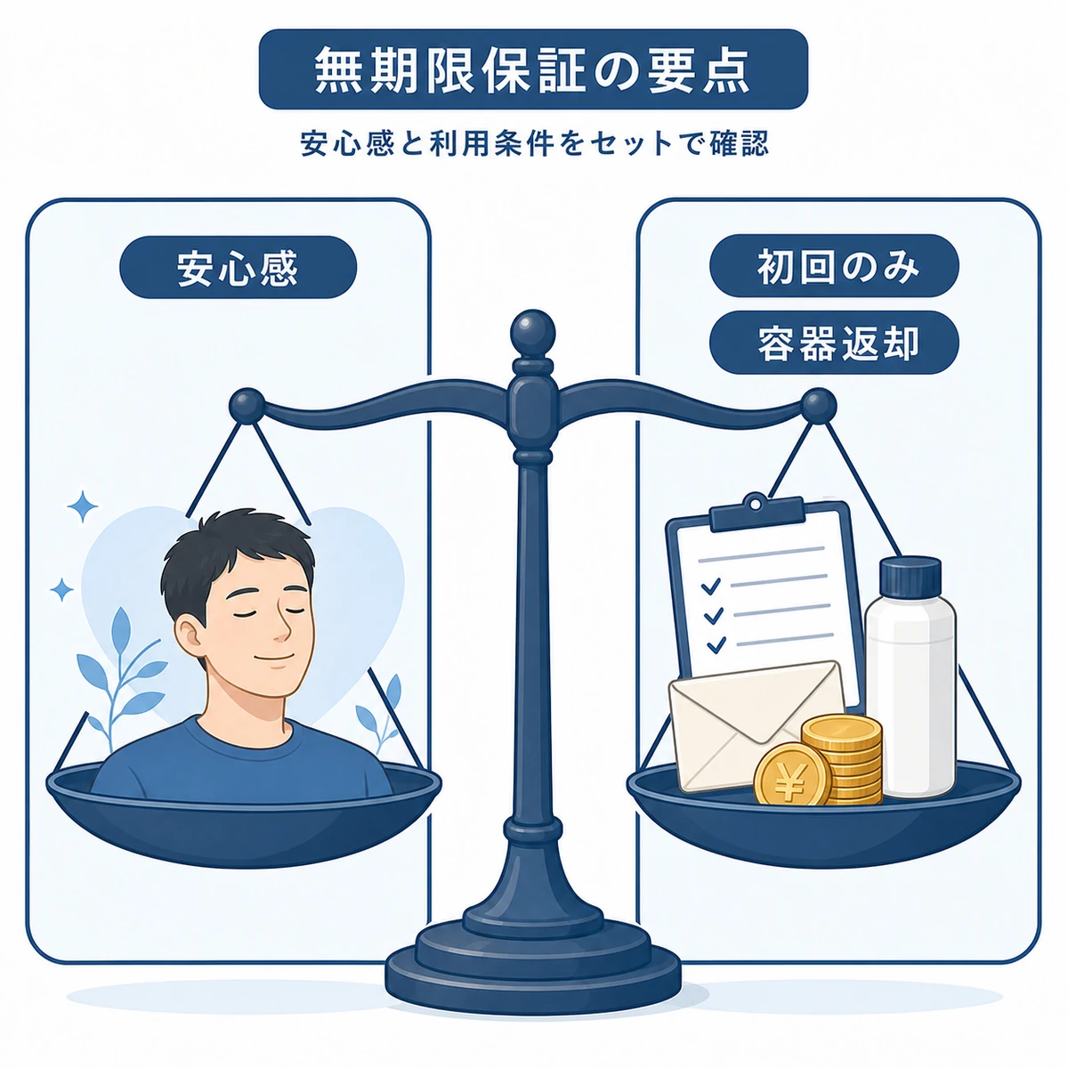 無期限保証の安心感と初回のみ・容器返却などの利用条件を天秤で対比した医療イラスト