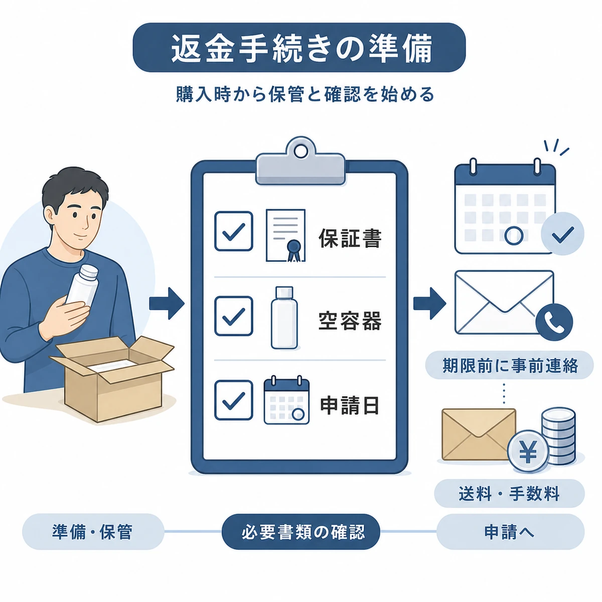 返金保証の申請に必要な保証書や空容器の保管と事前連絡の準備を表した医療イラスト