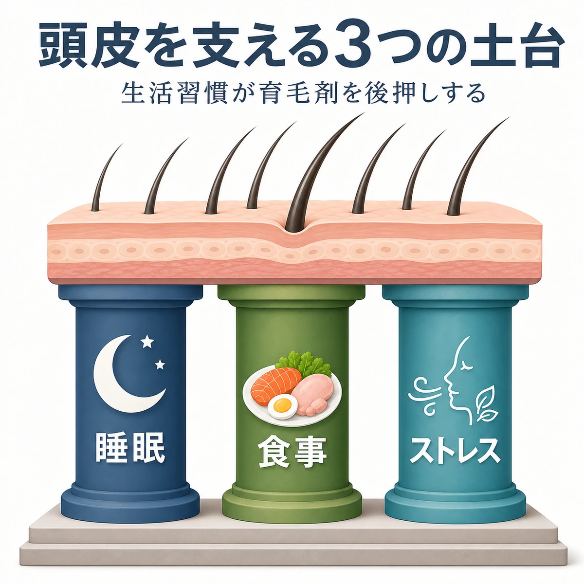 睡眠と食事とストレス管理が頭皮環境を支える生活習慣の土台を表した医療イラスト