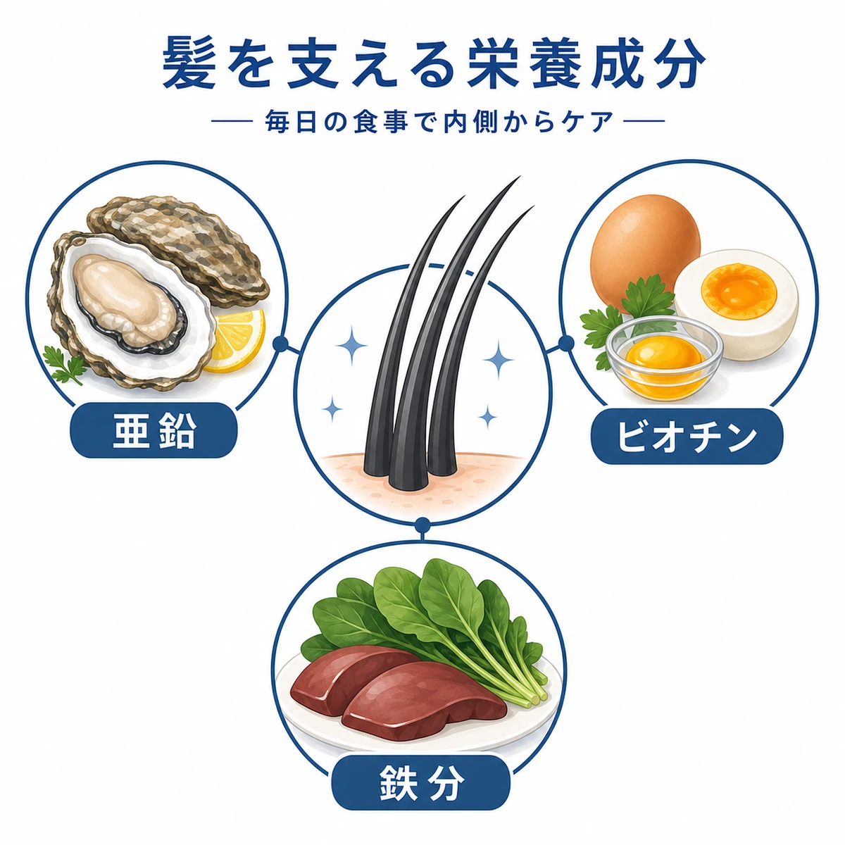 髪の健康を支える栄養成分と食品を結びつけて表した医療イラスト
