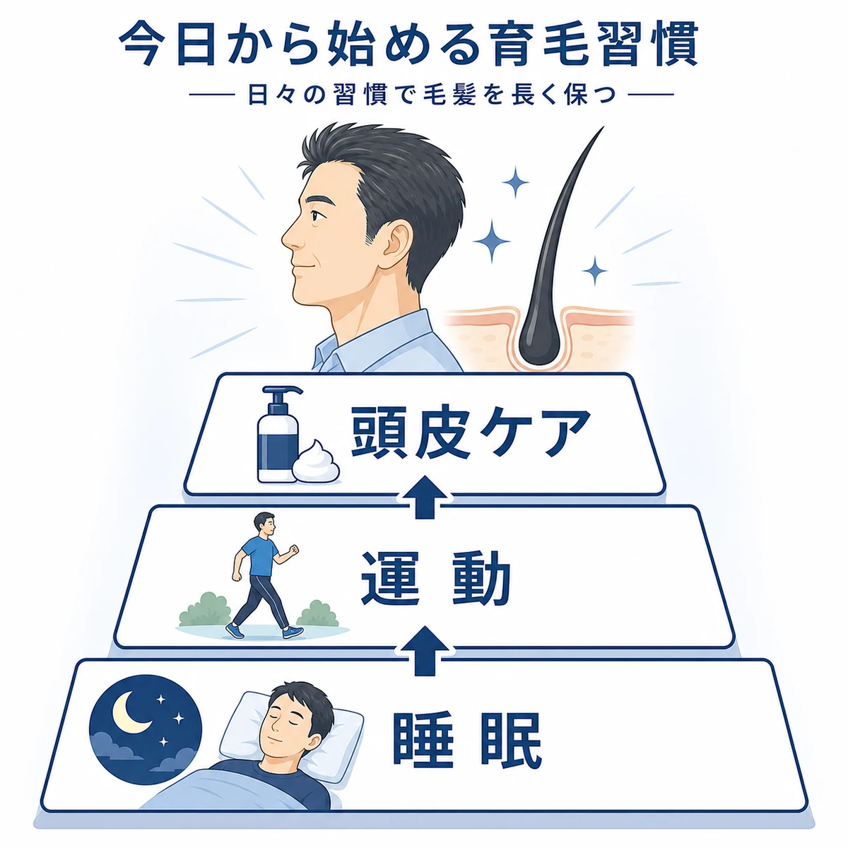 40代から始める育毛習慣を土台として積み上げて表した医療イラスト