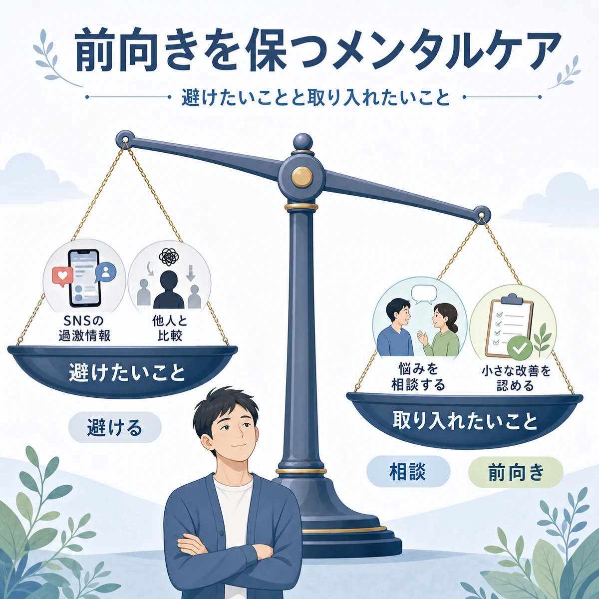 避けたいことより前向きな習慣を選ぶメンタルケアを天秤で表した医療イラスト