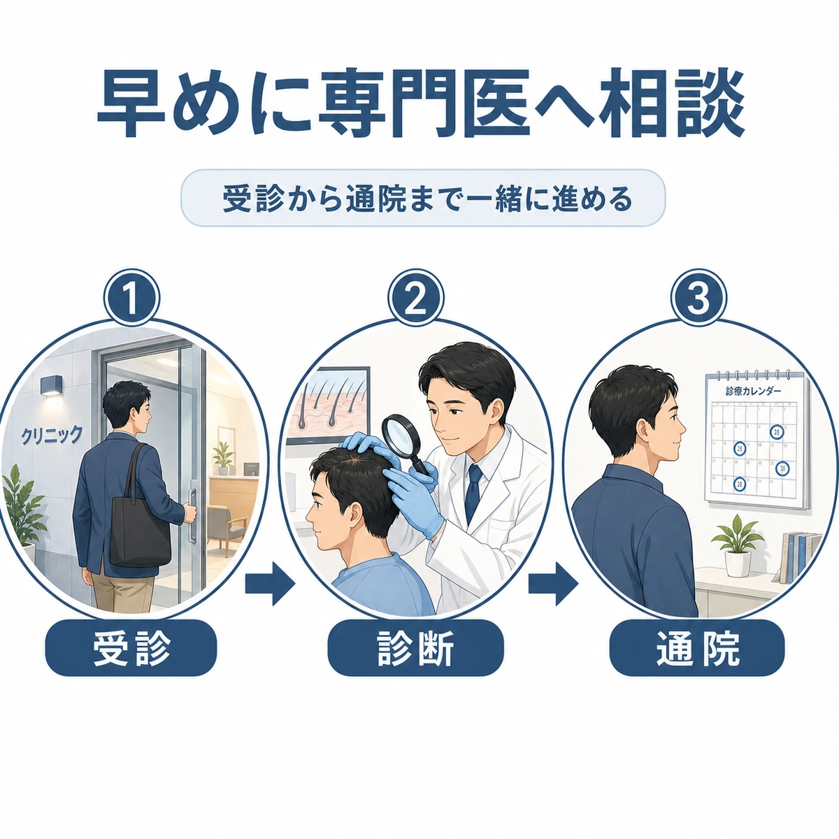 受診から診断・通院まで専門医と進める流れを表した医療イラスト