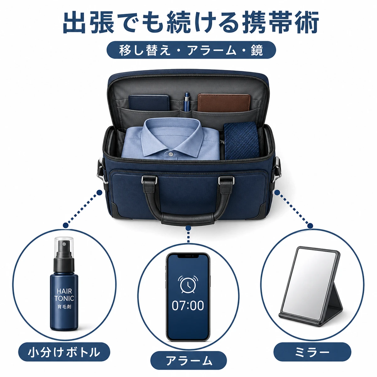 出張先でも育毛剤を続けるための携帯グッズをまとめた医療イラスト