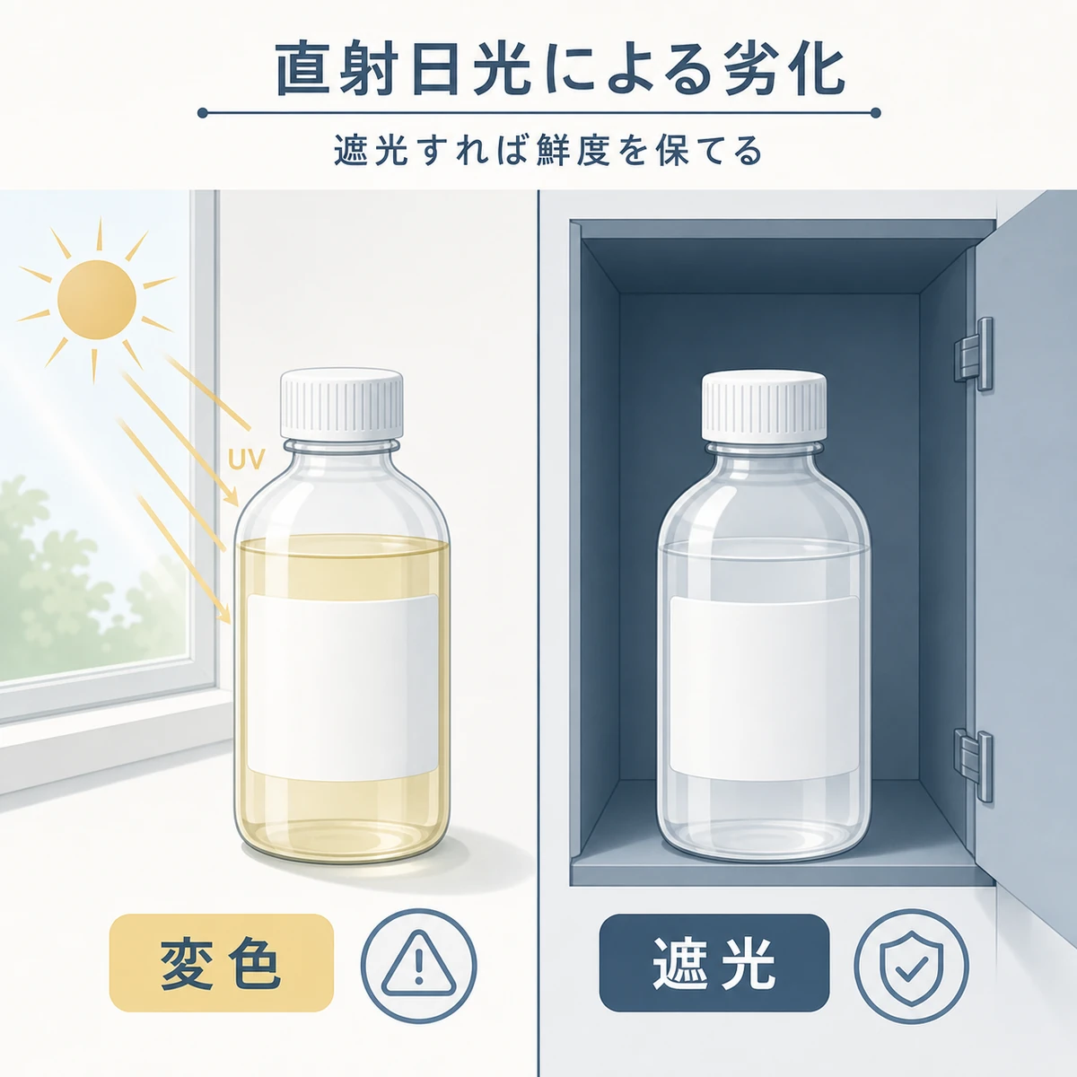 直射日光で変色した育毛剤と遮光保管で鮮度を保った状態を比べた医療イラスト