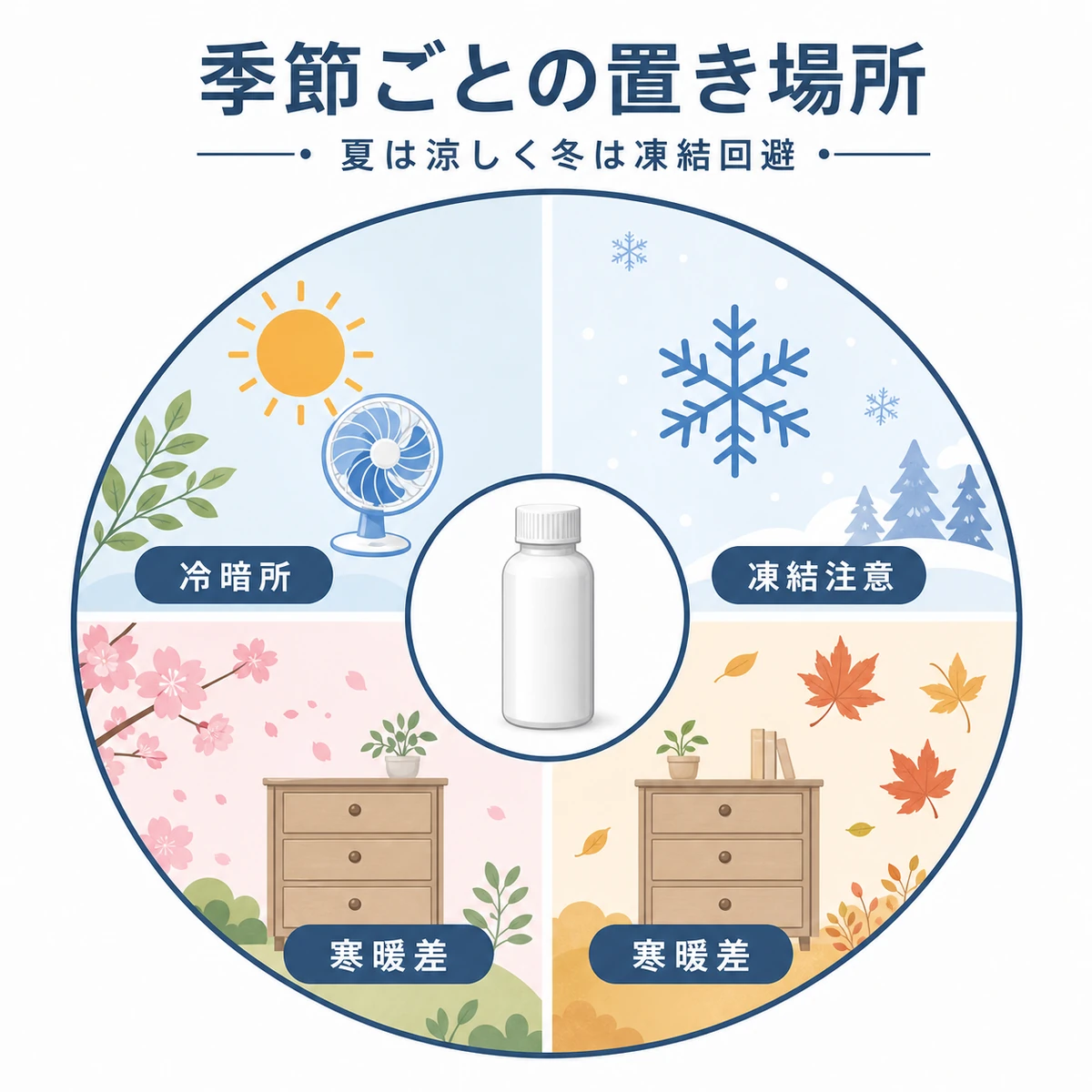 春夏秋冬で育毛剤の保管場所を見直すポイントを円環で表した医療イラスト