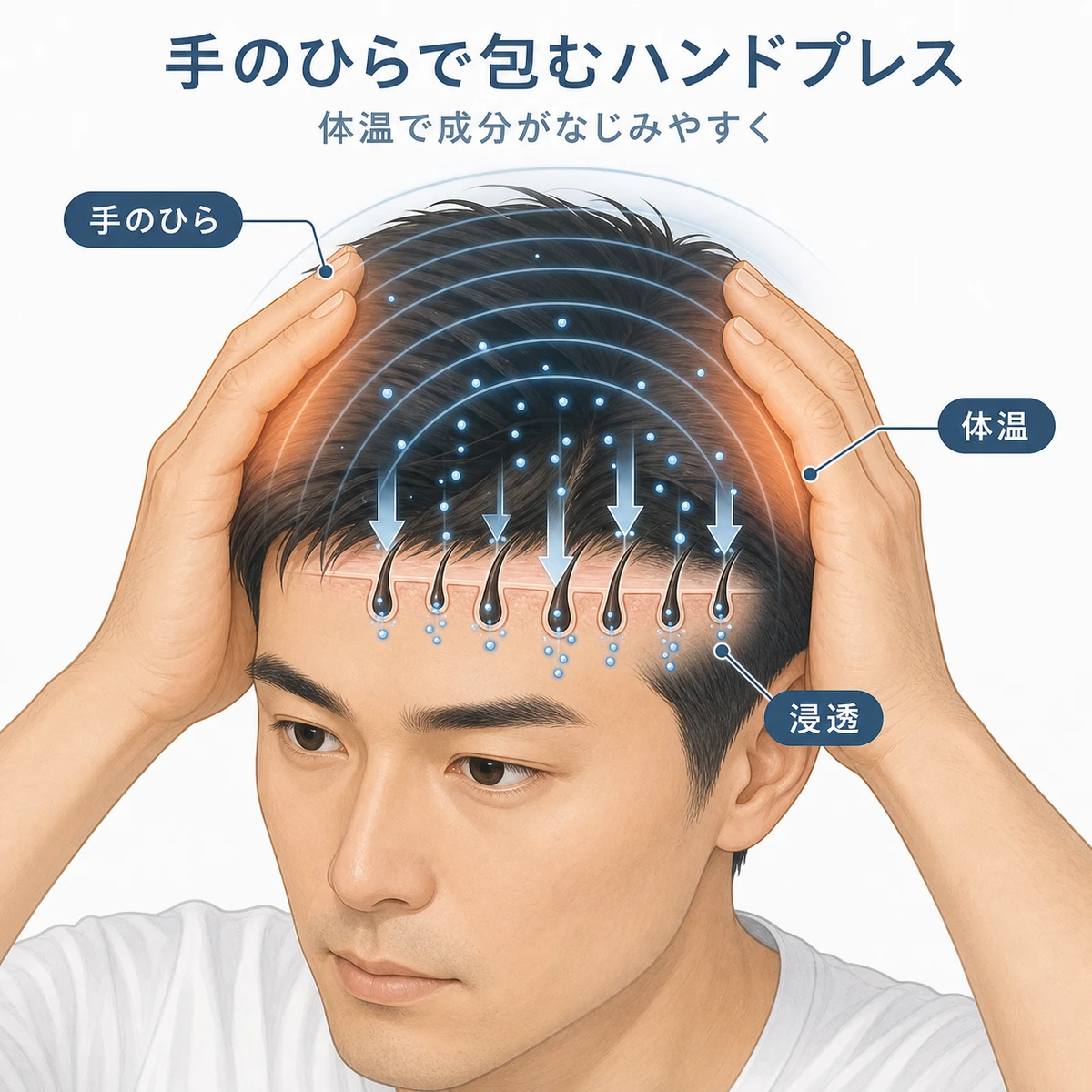 手のひらで頭を包み込み体温で育毛剤をなじませるハンドプレスを表した育毛イラスト