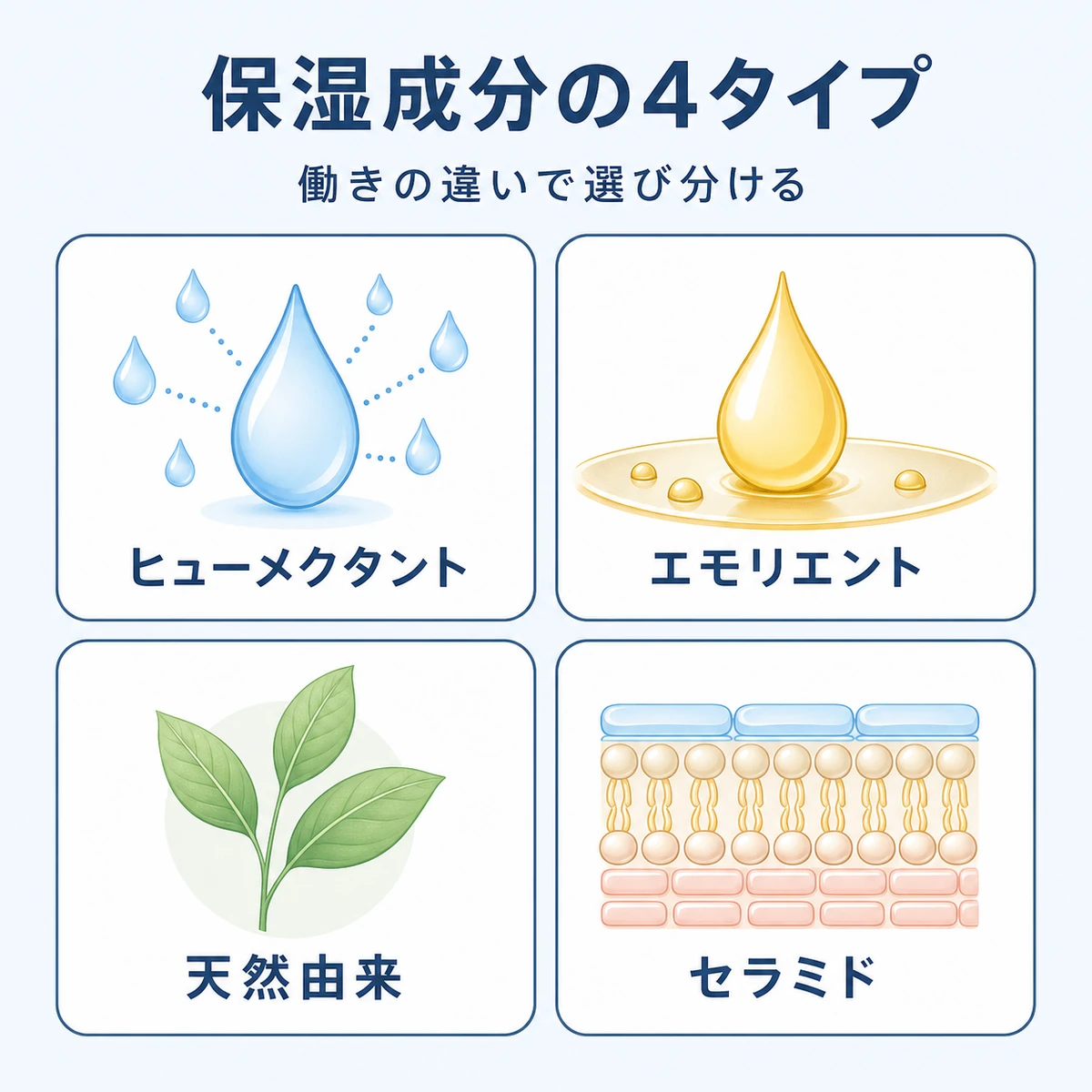 保湿成分を4つのタイプに分類して比較した医療イラスト