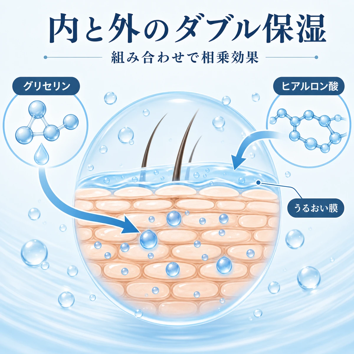グリセリンとヒアルロン酸が内側と外側から頭皮を保湿する仕組みを表した医療イラスト