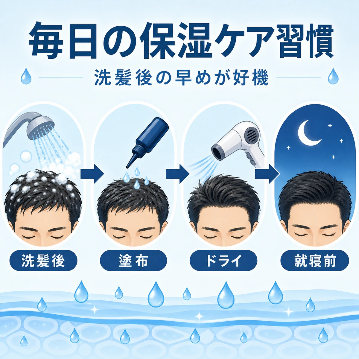 洗髪後から就寝前までの毎日の頭皮保湿ケアの流れを表した医療イラスト