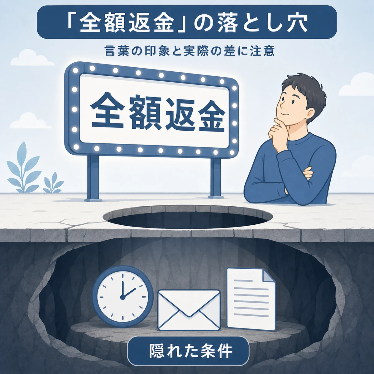 「全額返金」の広告の裏に隠れた厳しい返金条件を落とし穴で表した医療イラスト