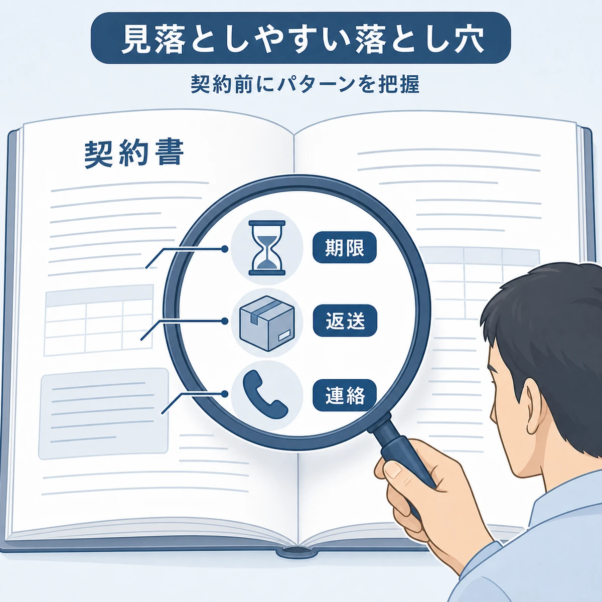 契約書の細かい条件を虫めがねで見抜き返金保証の落とし穴に気づく様子を表した医療イラスト