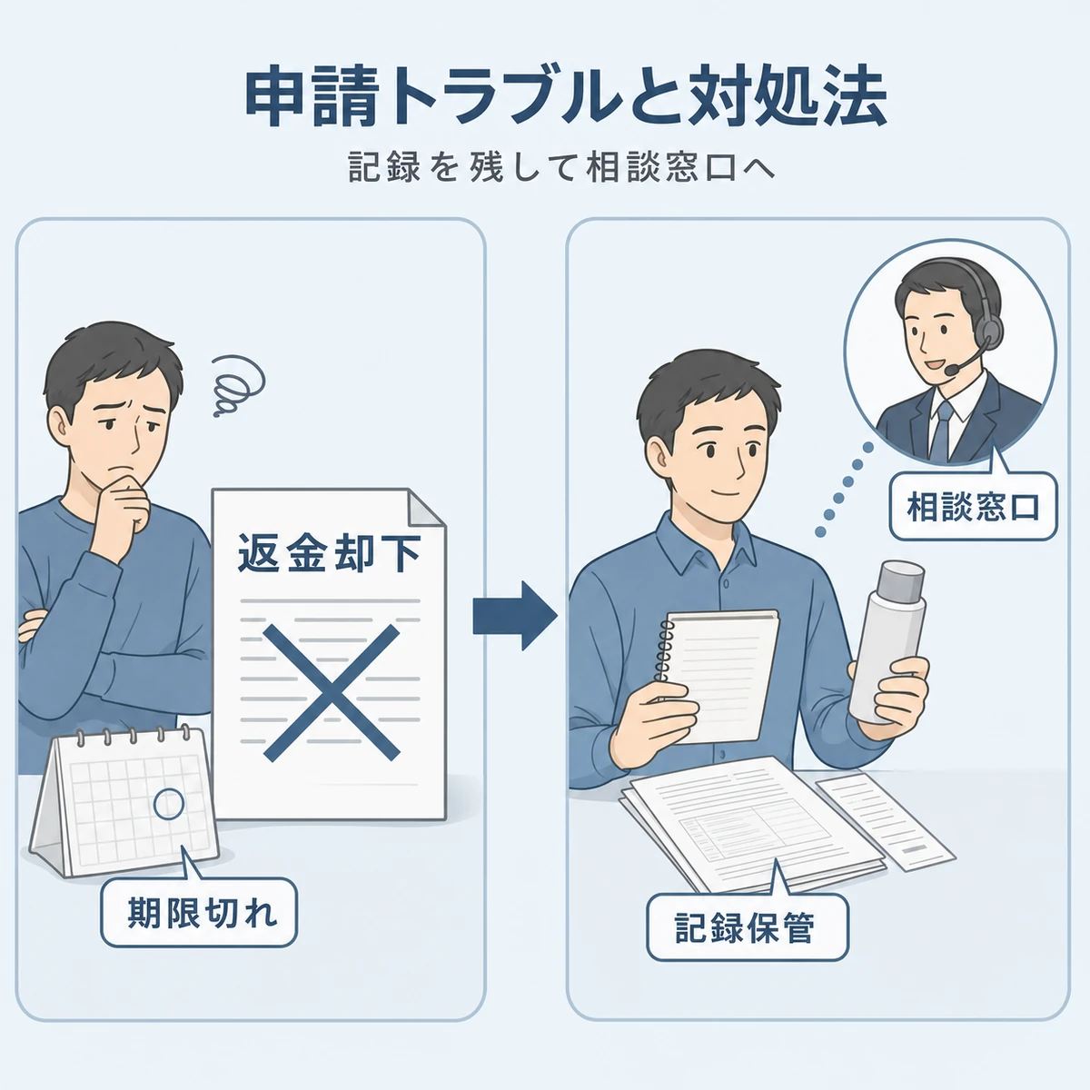 返金申請が通らないトラブルと記録保管や相談窓口での対処法を対比した医療イラスト