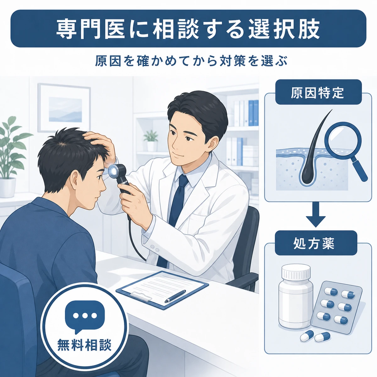 男性患者が専門医に相談し薄毛の原因特定から治療につなぐ流れを表した医療イラスト