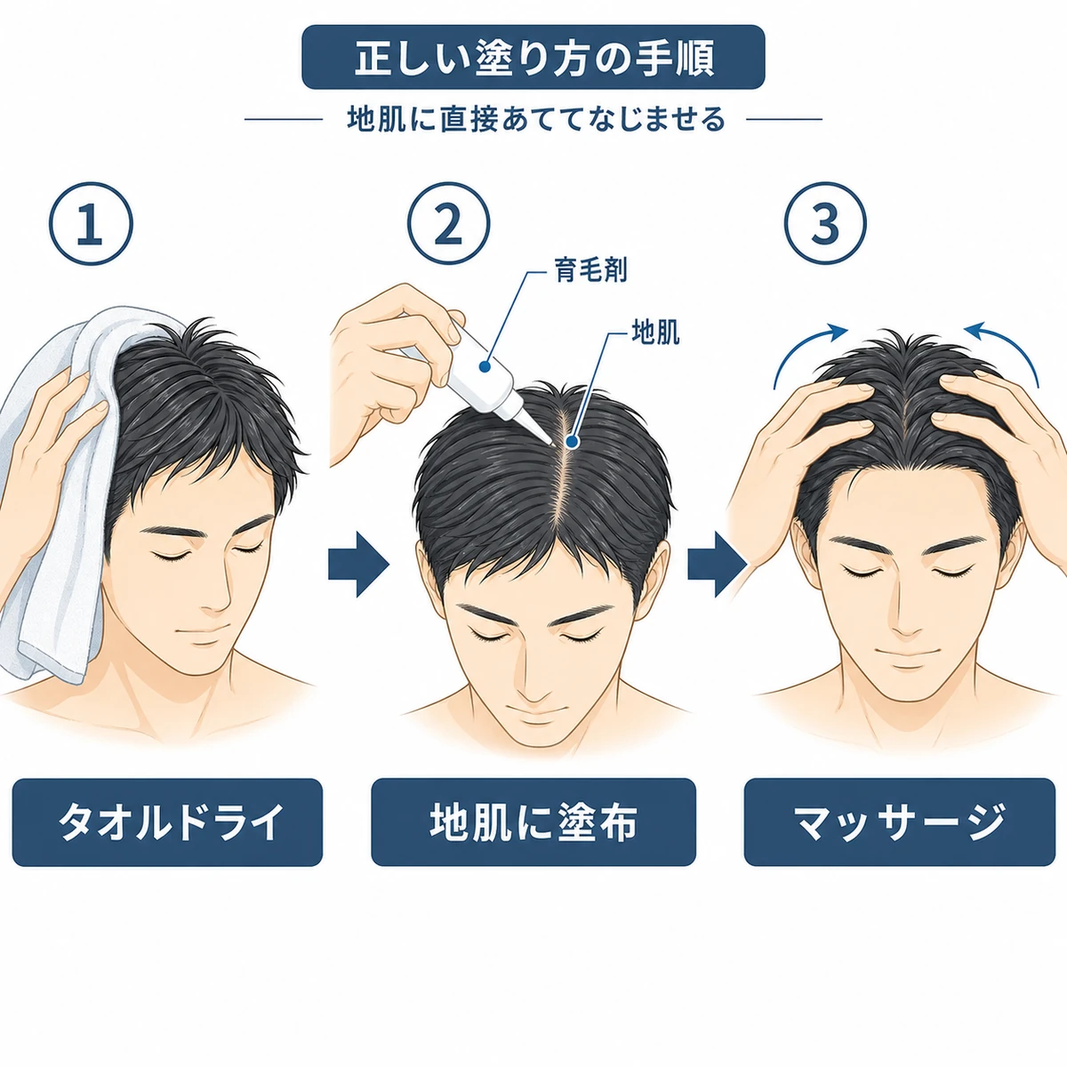 タオルドライから地肌への塗布とマッサージまでの正しい塗り方の手順を表した医療イラスト