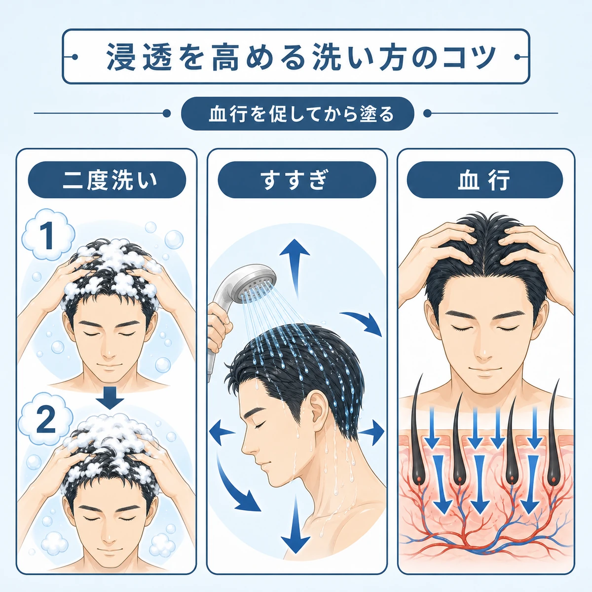 二度洗いとすすぎと頭皮マッサージで育毛剤の浸透力を高める洗髪のコツを三つ並べた医療イラスト