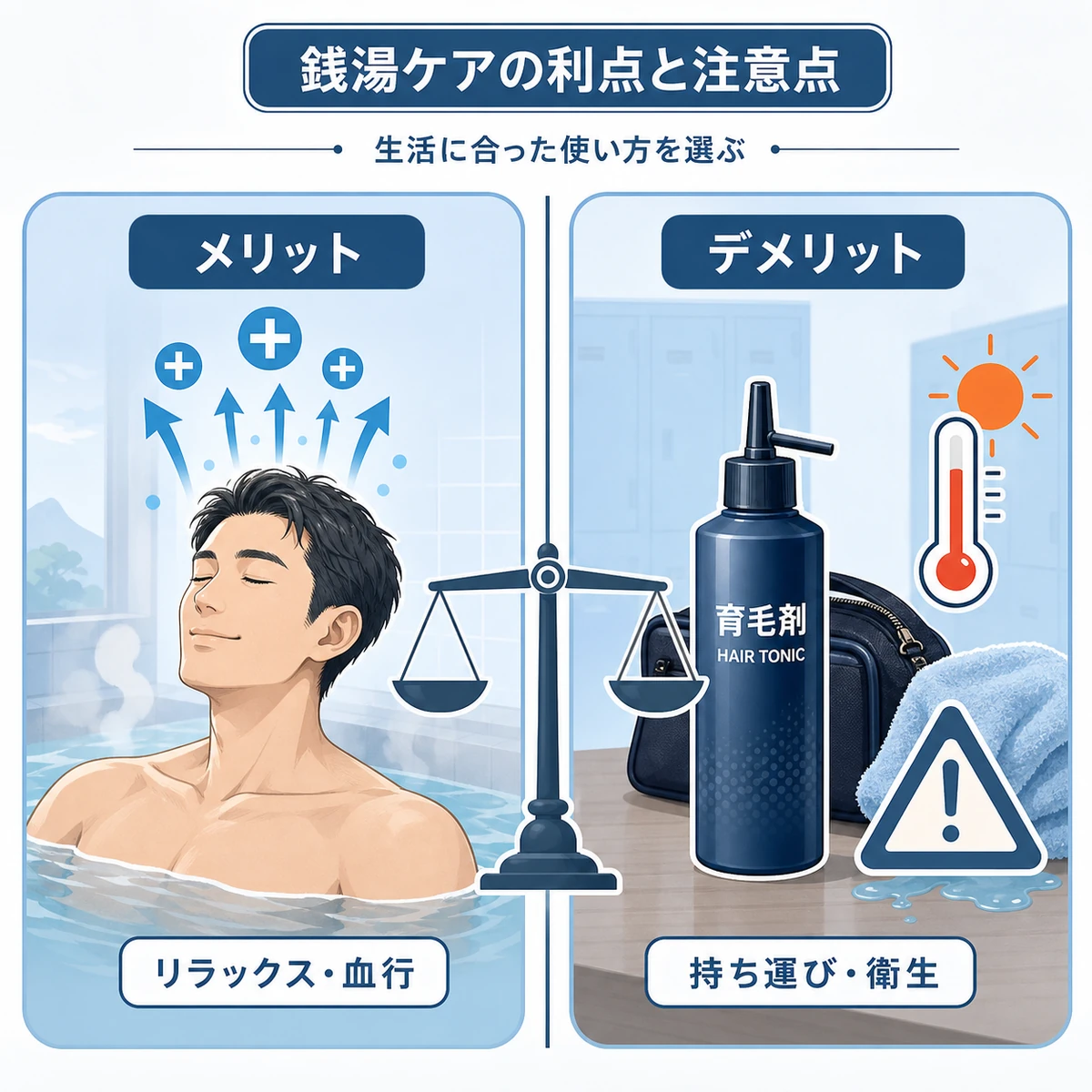 温泉や銭湯で育毛剤を使うメリットとデメリットを左右で対比した医療イラスト