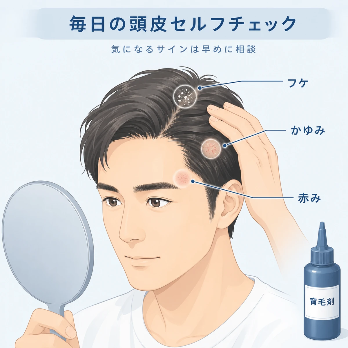 AGA治療中に頭皮のかゆみやフケ赤みを毎日セルフチェックするポイントを示した医療イラスト