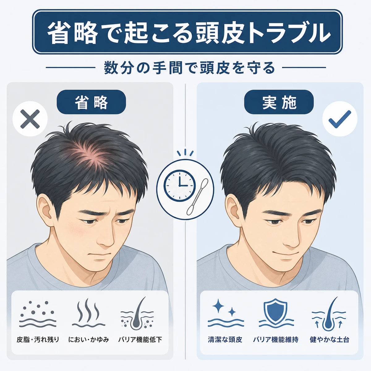 パッチテストを省略した頭皮と実施した頭皮を左右で対比した医療イラスト