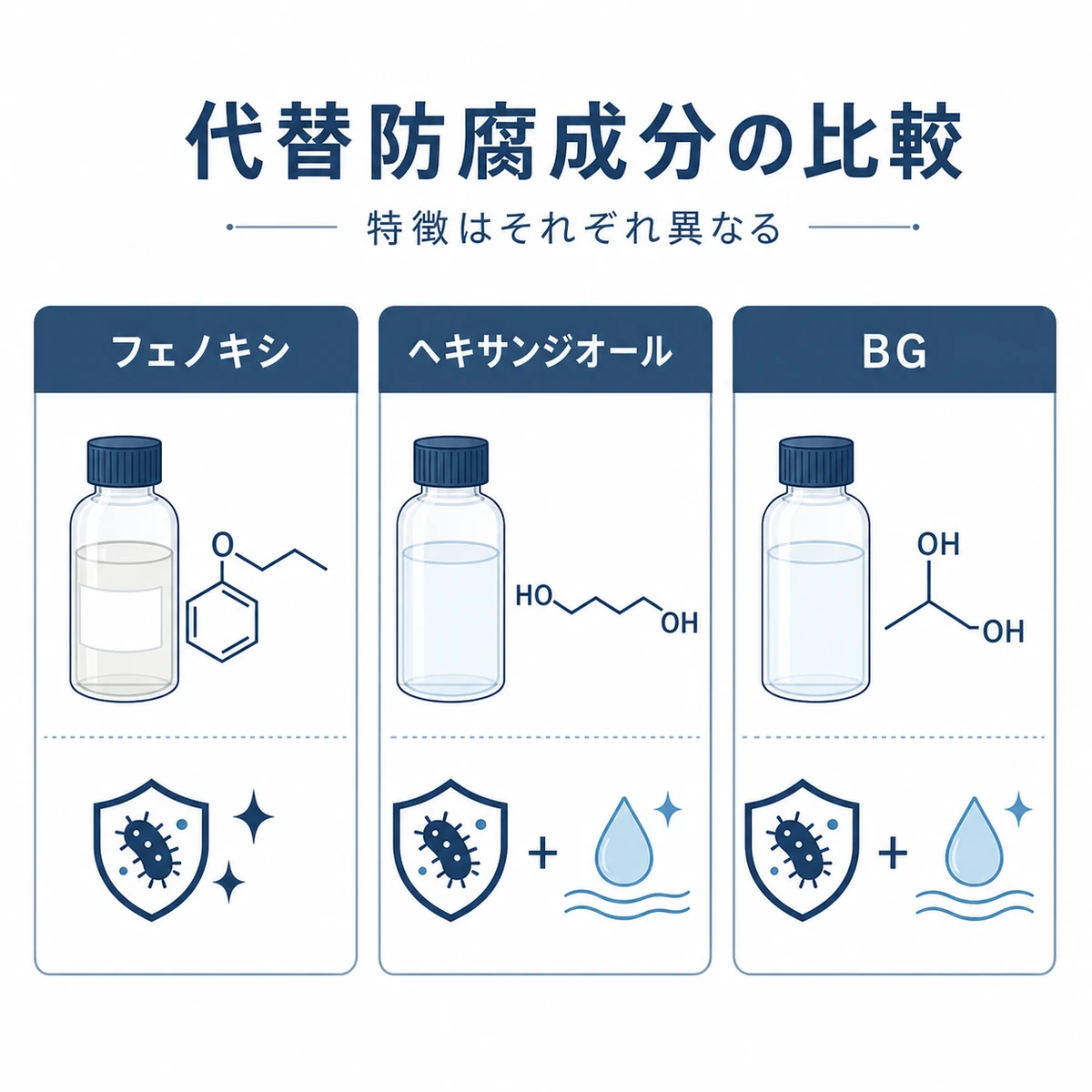 パラベンの代替となる防腐成分の種類と特徴をカードで並べて比較した医療イラスト