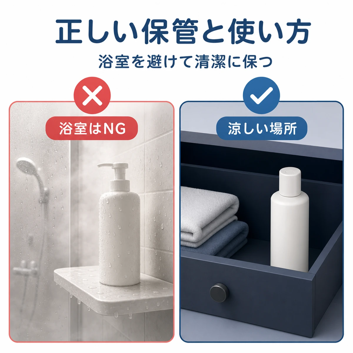 湿気の多い浴室を避け涼しい場所で清潔に保つ育毛剤の正しい保管方法を対比した医療イラスト
