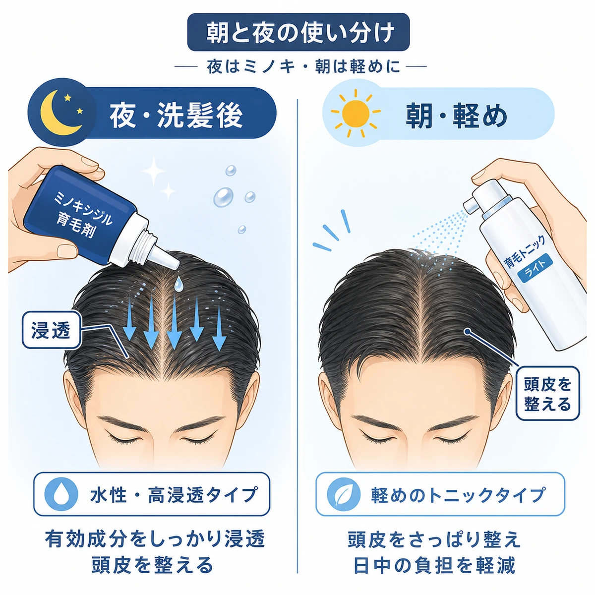 夜はミノキシジル朝は軽めのトニックと朝晩で育毛剤を使い分ける対比を表した医療イラスト