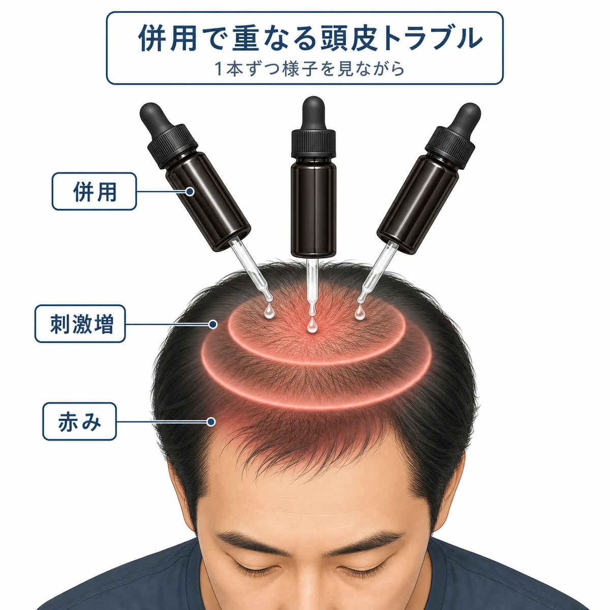 複数のドロッパー型育毛剤を重ね塗りして頭皮への刺激が重なる様子を表した医療イラスト