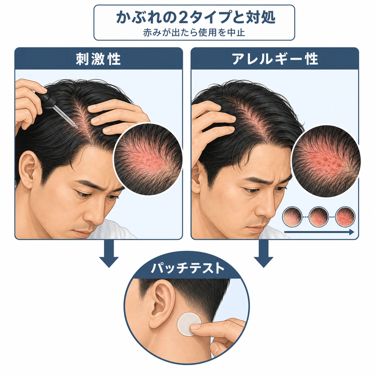 刺激性とアレルギー性の2種類のかぶれの見分けとパッチテストによる対処を表した医療イラスト