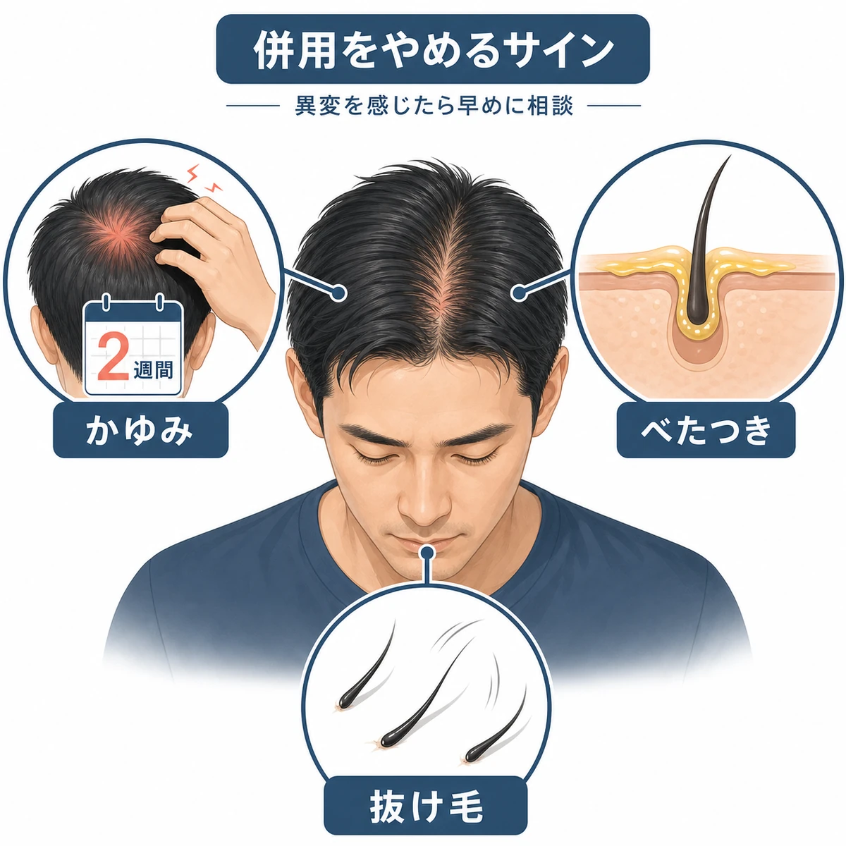 長引くかゆみ・べたつき・抜け毛の増加など育毛剤の併用をやめるべき頭皮のサインを表した医療イラスト