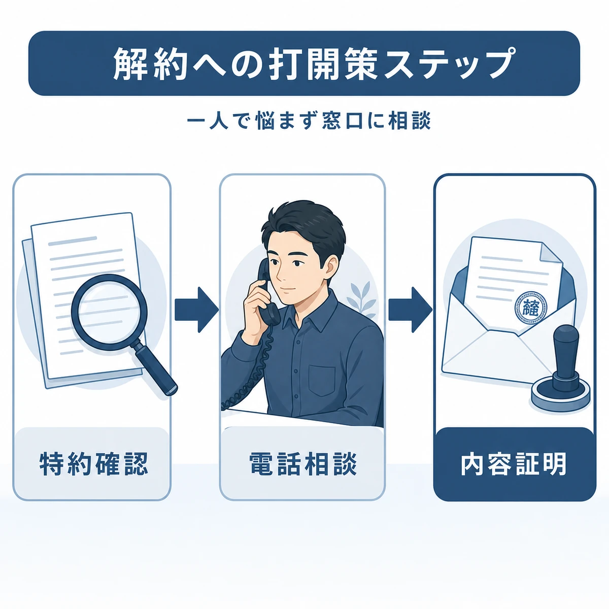 特約確認から電話相談を経て内容証明で解約に至る手順を左から右へ表した図解イラスト