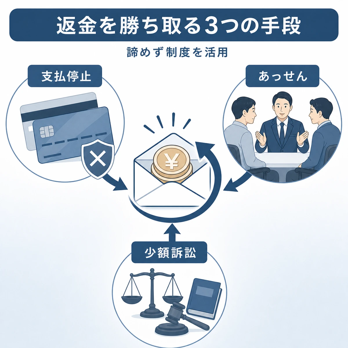 支払停止とあっせんと少額訴訟の3手段が返金の封筒へ集まる流れを表した図解イラスト