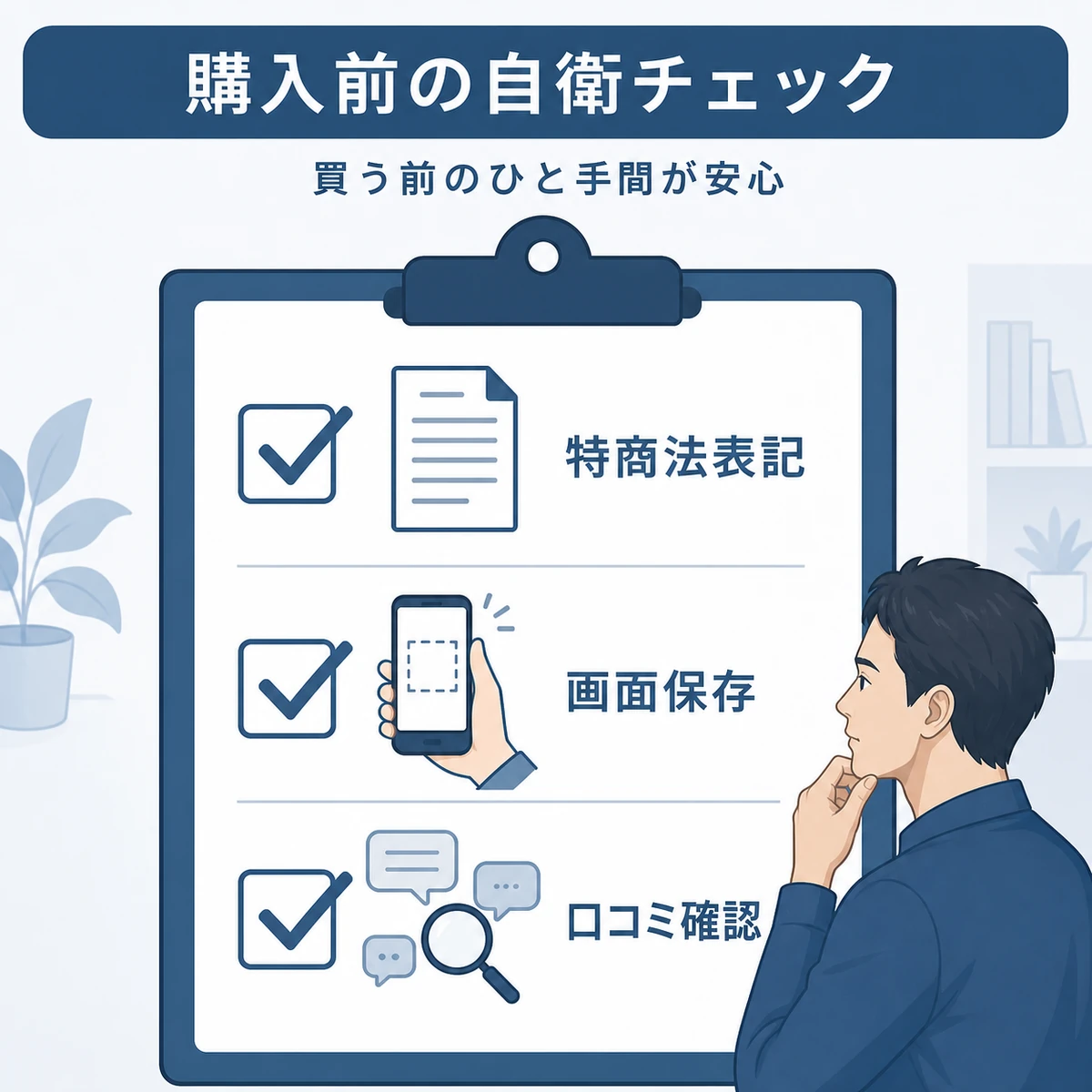 特商法表記の確認と画面保存と口コミ確認をまとめた購入前チェックリストを表した図解イラスト