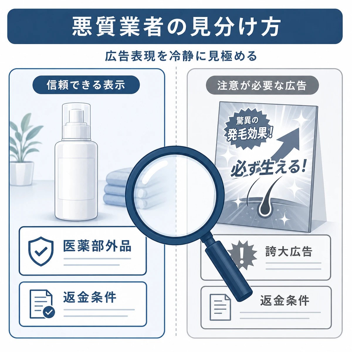 信頼できる医薬部外品表示と誇大広告をルーペで見比べる悪質業者の見分け方を表した図解イラスト
